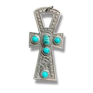 Egyptian Ankh Scarab Pendant Large Cross Silver Plated